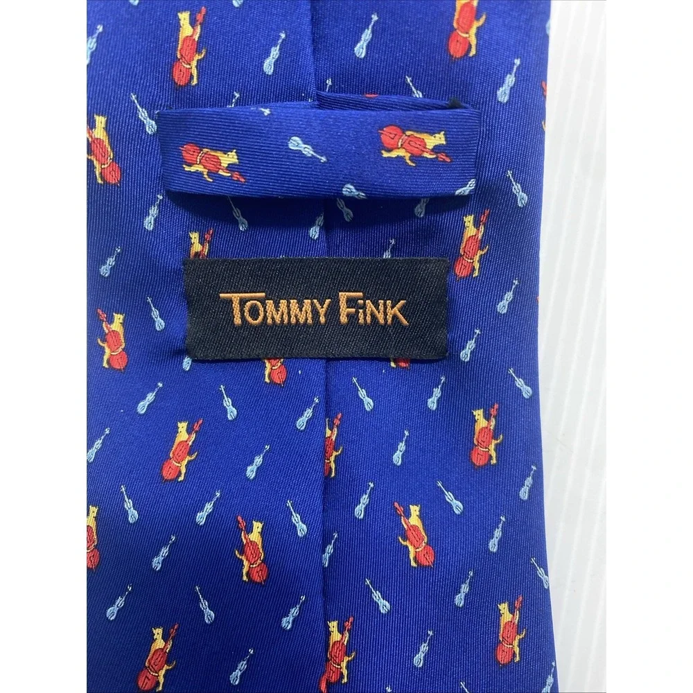 TOMMY FINK Vintage Blue TIE Cat With Violin 100% Silk-T22